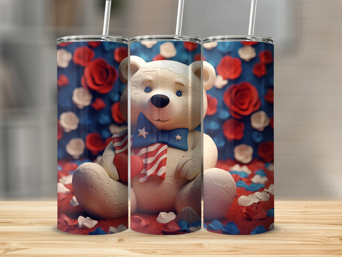 Teddy bear in American flag bowtie holding heart, surrounded by red and white petals.