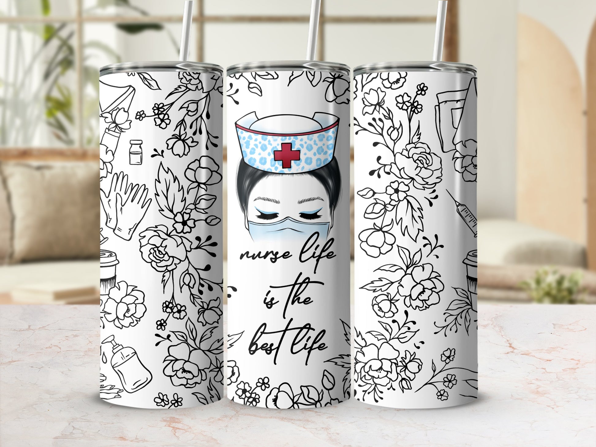 Tumbler with nurse illustration, stethoscope, flowers, and "Nurse life is the best life" text.