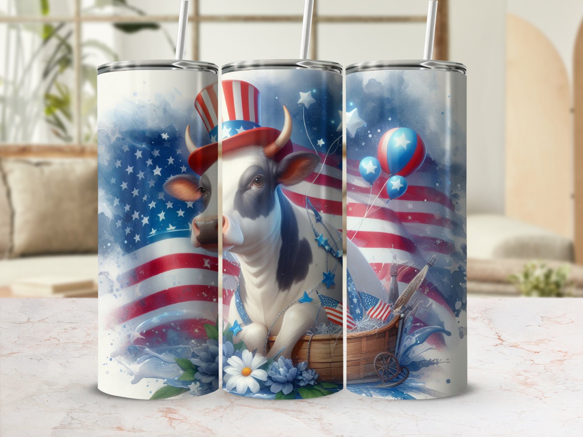Cow in patriotic hat with American flag and balloons on a tumbler.