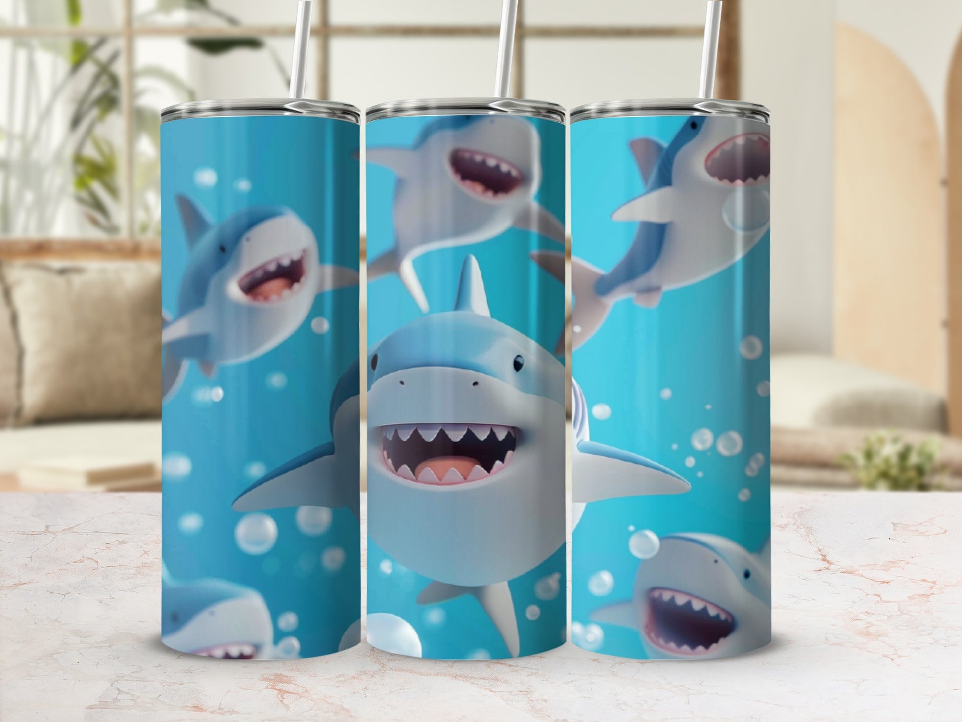 Three tumblers featuring cartoon sharks swimming with bubbles and bokeh background.