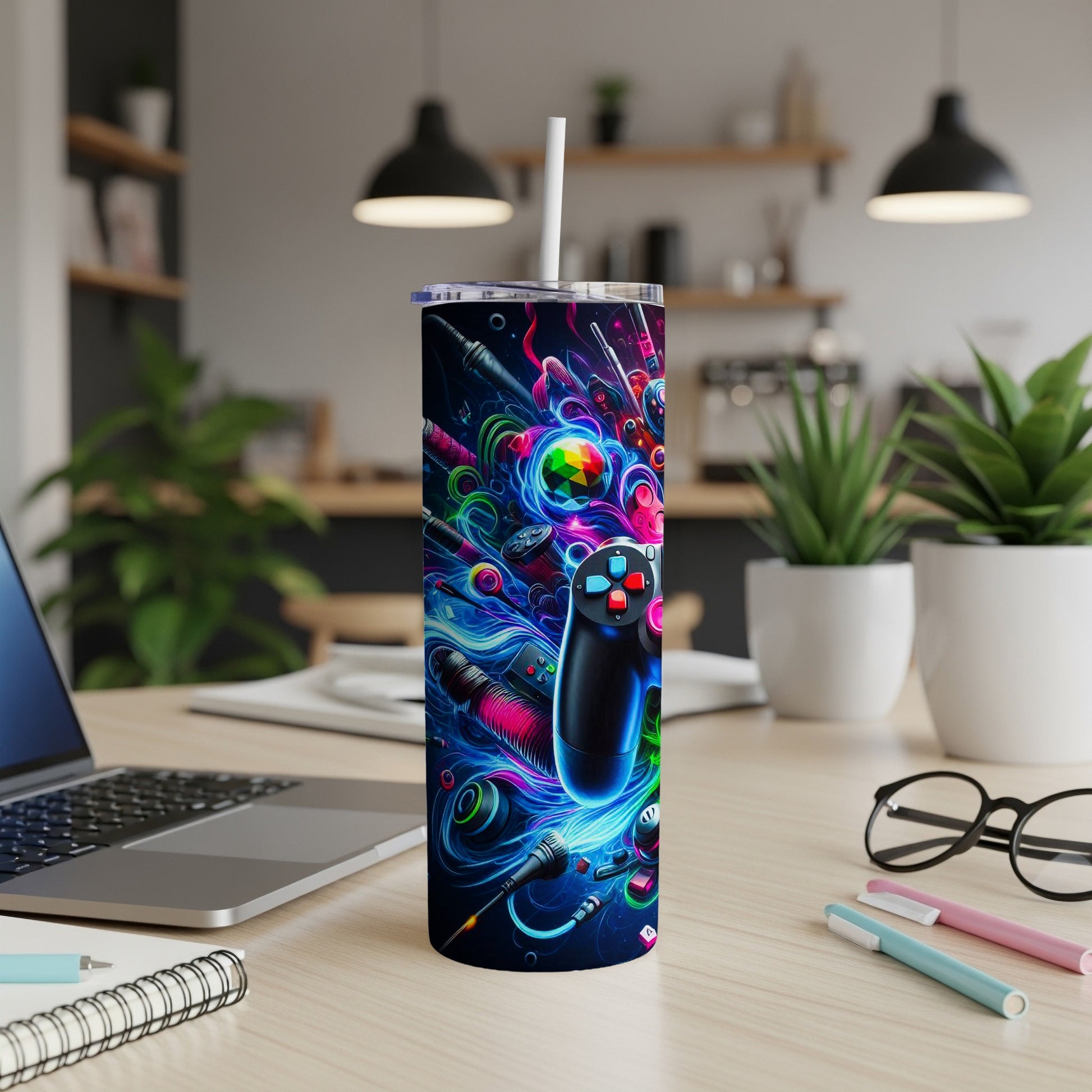 Colorful gaming controller and abstract neon shapes on a black tumbler.