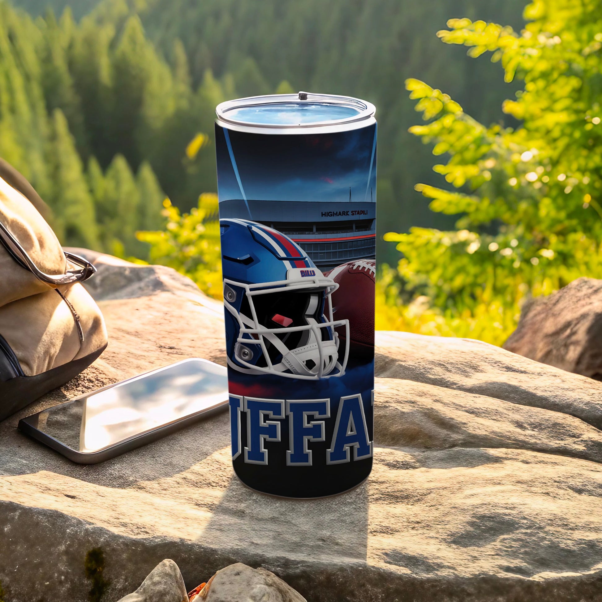 Buffalo Bills helmet and football on a tumbler with stadium background.