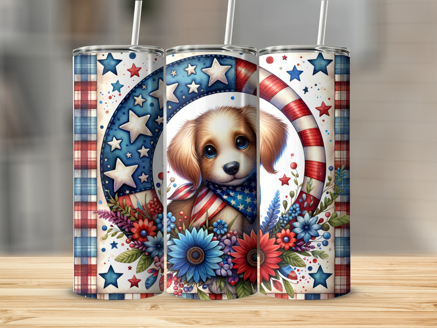 Patriotic puppy with stars, flowers, and a red and white striped border.