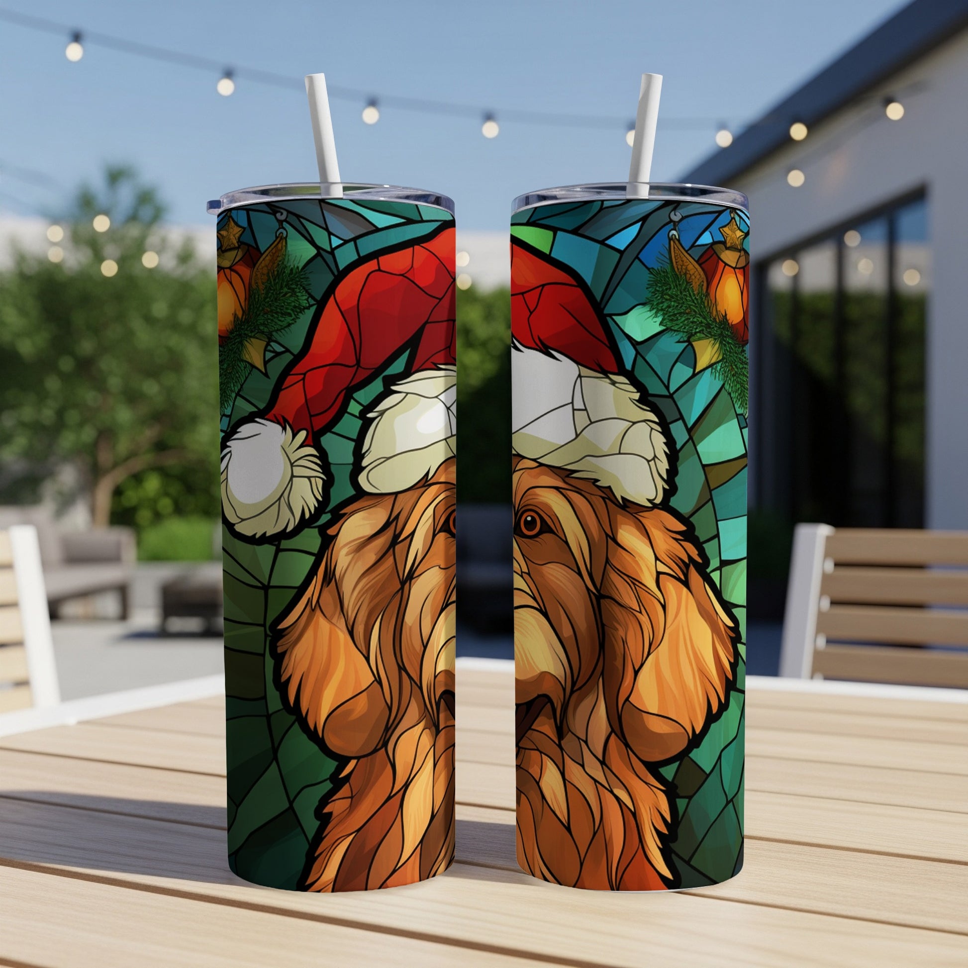 Golden retriever wearing Santa hat, stained glass style, on a tumbler.