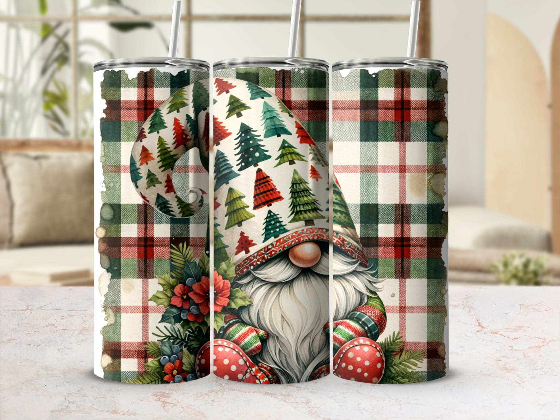 Gnome with plaid hat and trees, festive holiday design on tumbler.
