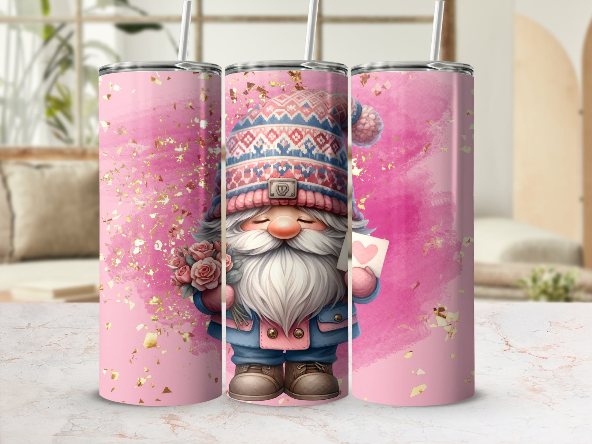 Cute Gnome in Knit Hat and Flowers Pattern Tumbler