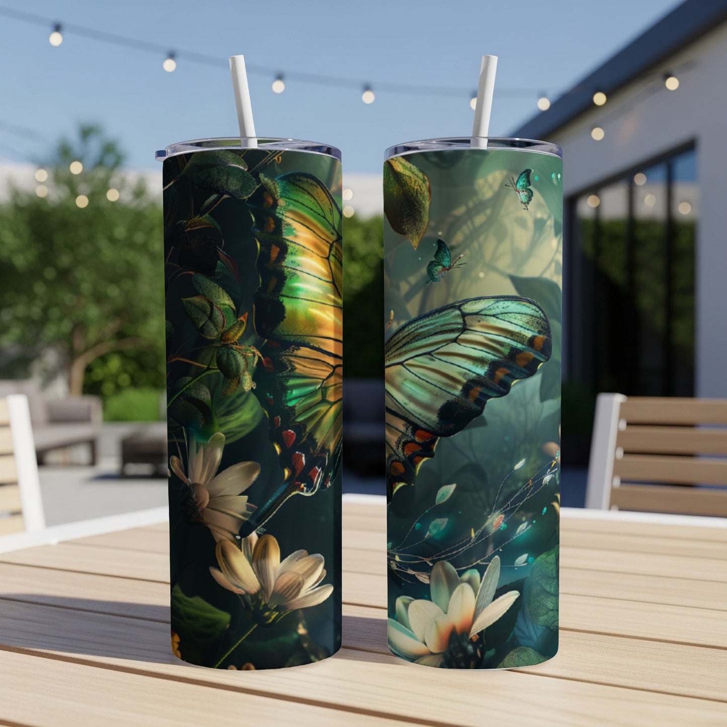 Two tumblers featuring vibrant, detailed butterflies and floral designs.