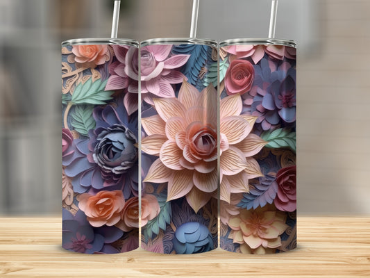 Three tall tumblers featuring a floral pattern in shades of pink, blue, and peach.