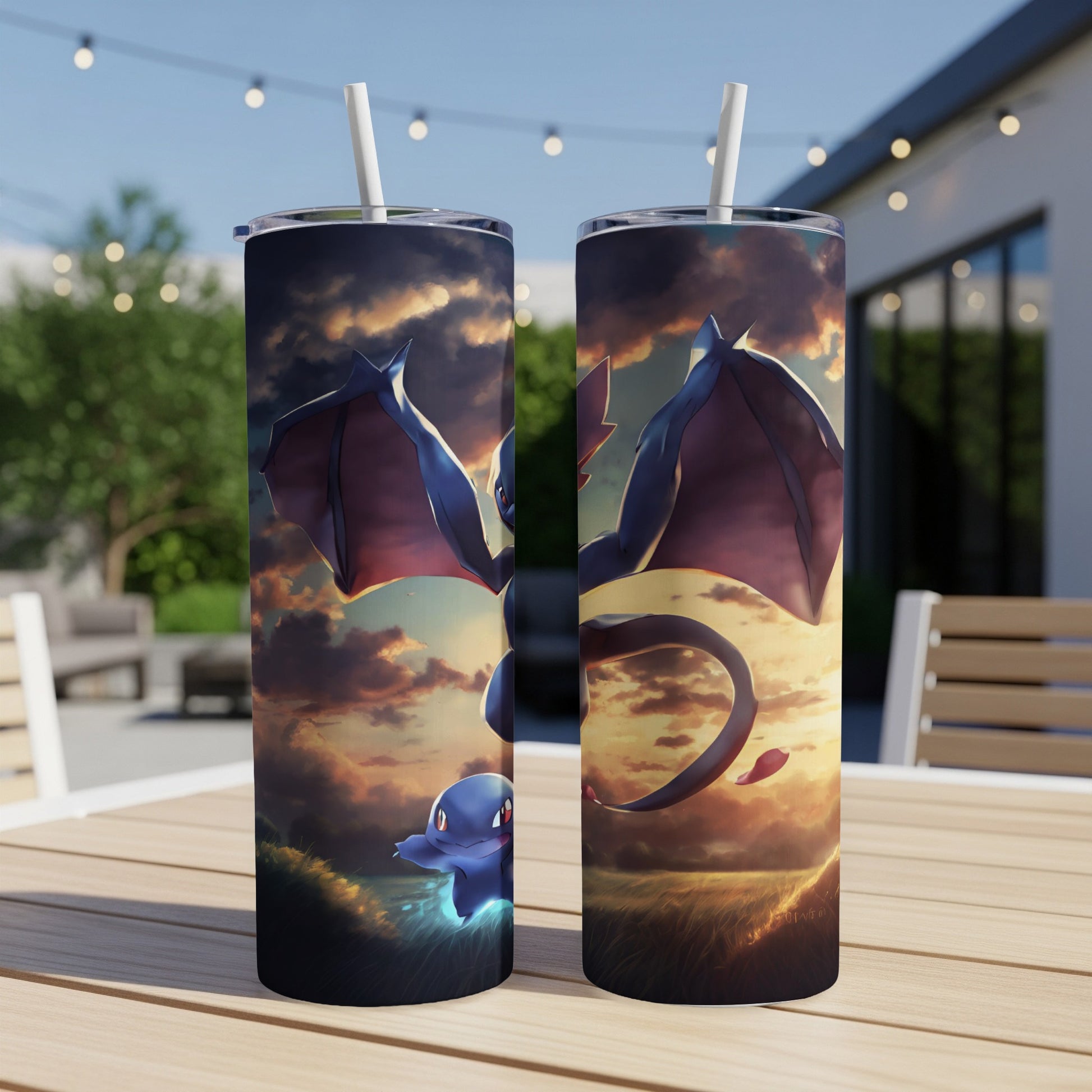 Dragonite and Dratini Pokémon on a sunset landscape background on two tumblers.