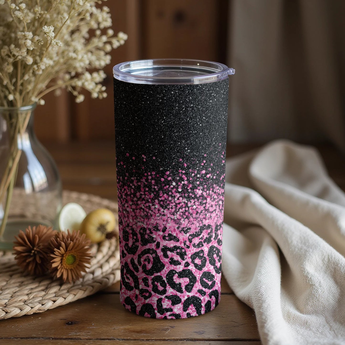 Glitter Leopard Pink and Black Tumbler Cup