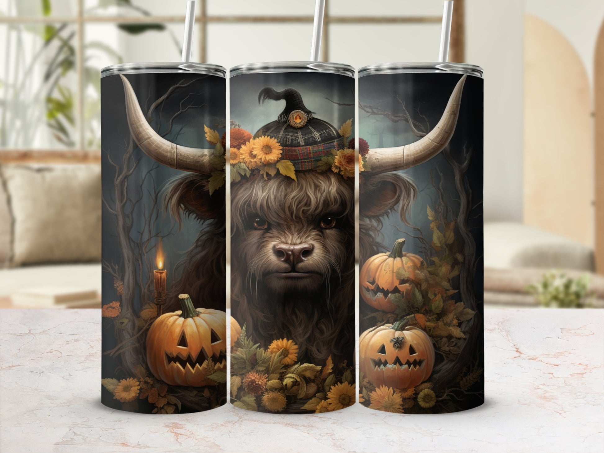 Highland Cow Halloween Pumpkin Cup Tumbler
