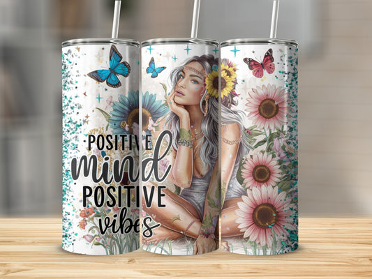 Tumbler with "Positive Mind Positive Vibes" text, a woman, butterflies, and sunflowers.