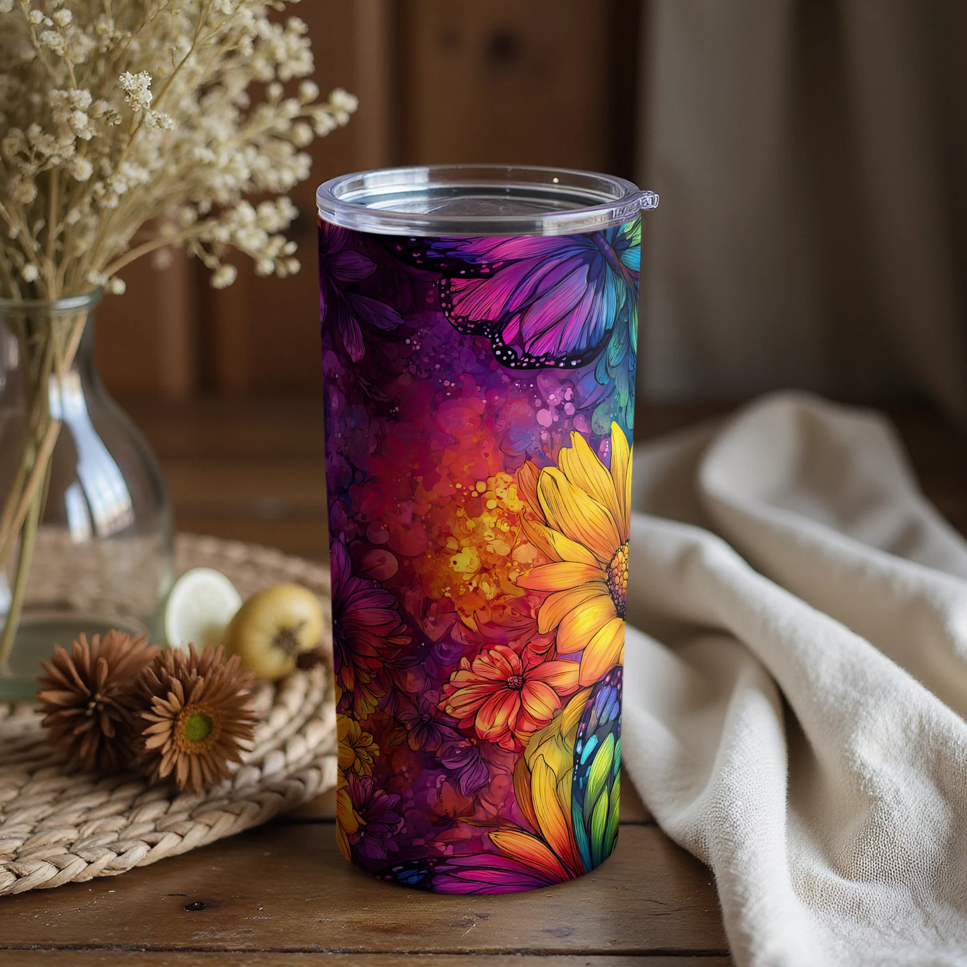 Colorful Floral Butterfly Design Travel Tumbler