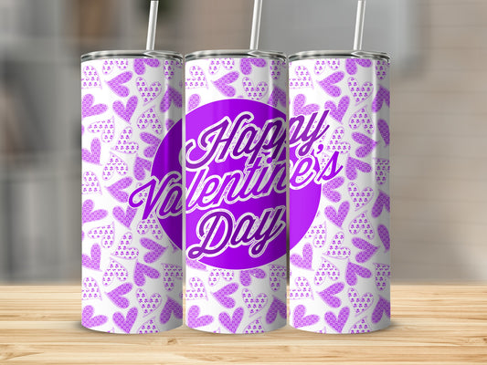 Happy Valentine's Day Tumbler with Purple Hearts Design