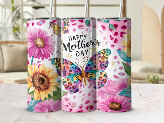 Pink and yellow floral tumbler with a leopard print butterfly and "Happy Mother's Day."