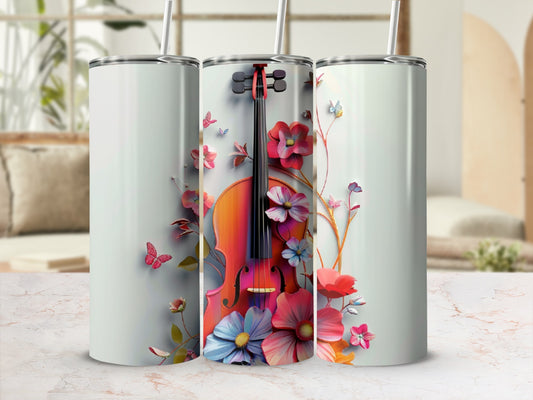 Violin with flowers and butterflies design on three tumblers.