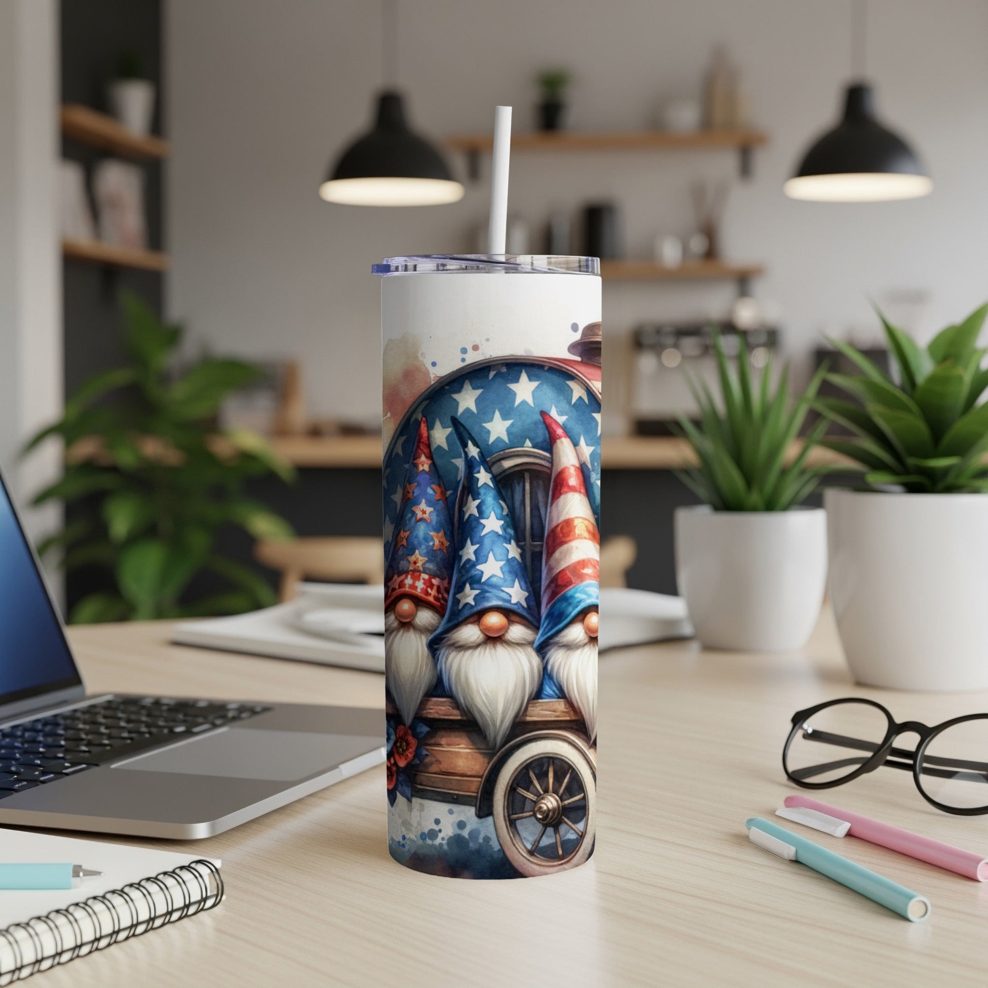 Gnomes in patriotic hats on a tumbler with a white straw.
