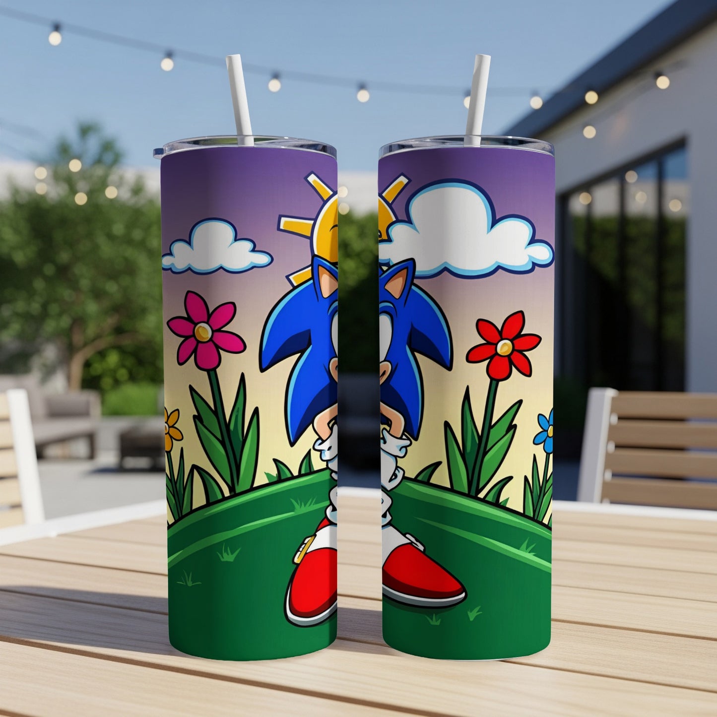 Sonic the Hedgehog character on a colorful tumbler with flowers and sun.