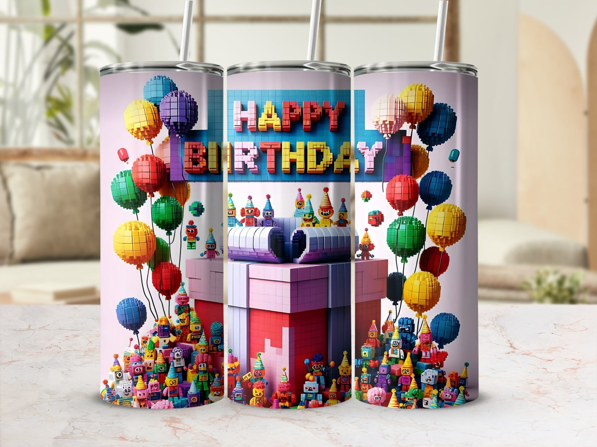Happy Birthday Pixel Art Themed Tumbler