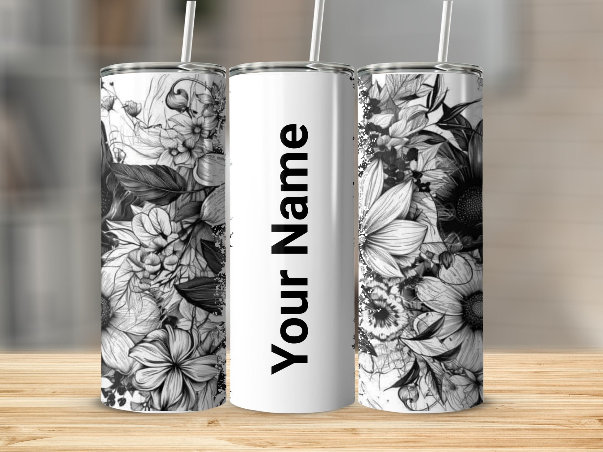 Personalized Black and White Floral Tumbler Design