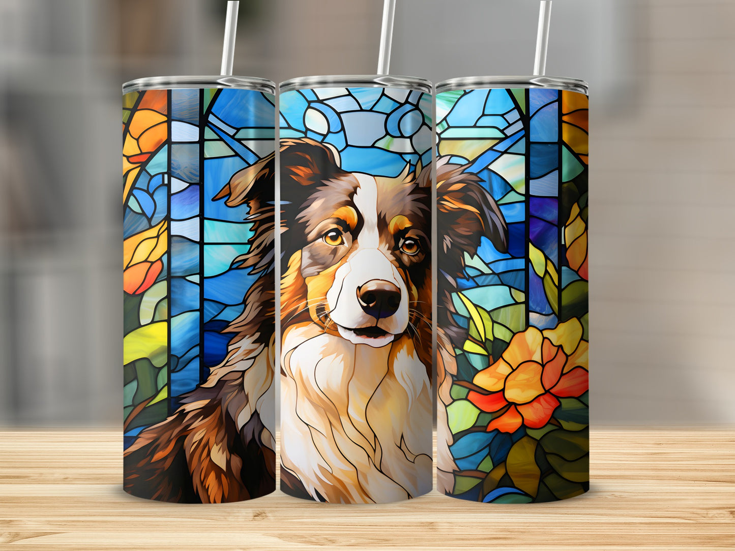 Stained glass Australian Shepherd portrait on three tumblers.