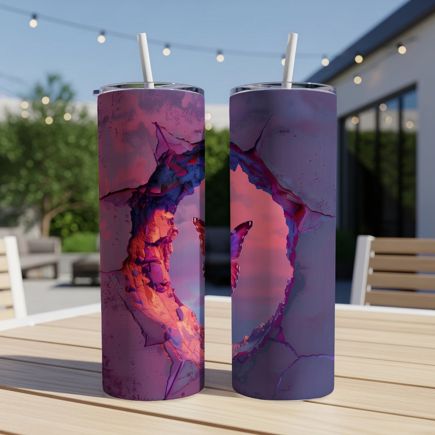 Two tall tumblers with abstract purple and pink cracked earth design.