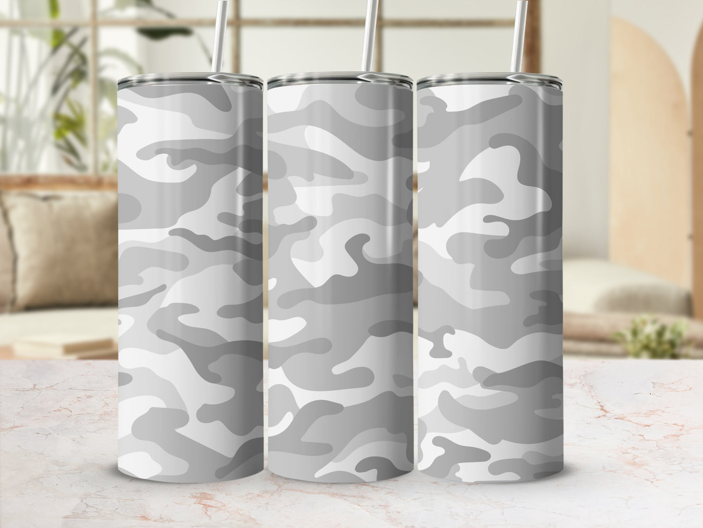 Gray and White Camouflage Insulated Tumbler Cup
