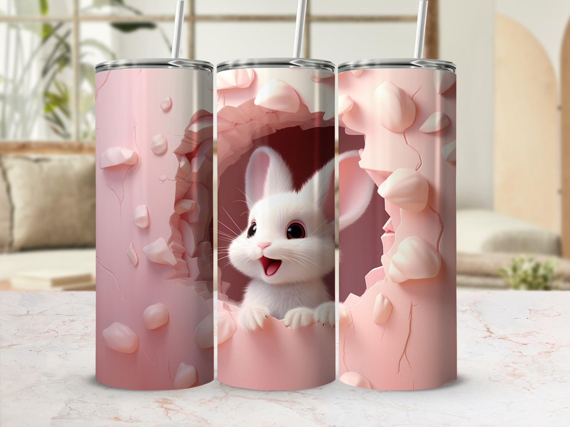 Cute White Bunny Breaking Through Pink Wall Tumbler