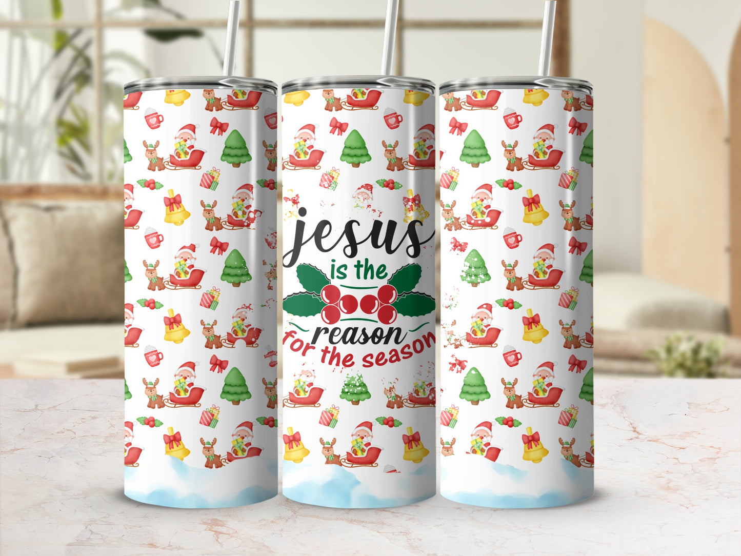 Christmas tumbler with Santa, reindeer, trees, and "Jesus is the reason" text.