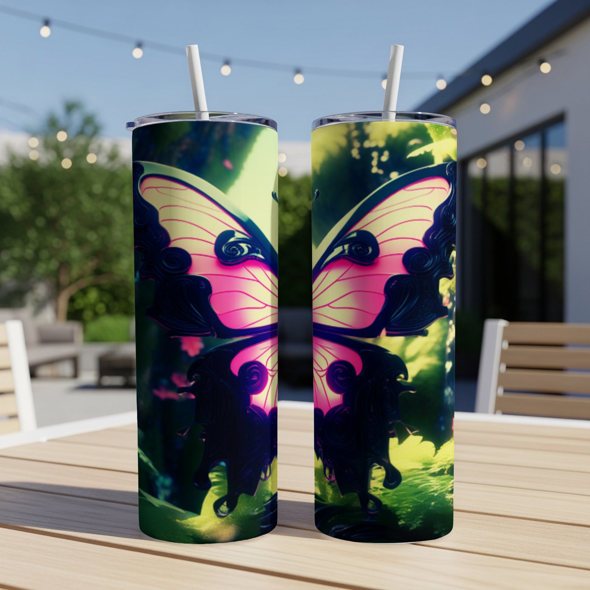 Two tumblers with a vibrant pink and yellow butterfly wing design.