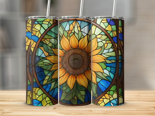 Sunflower stained glass pattern on three tumblers.