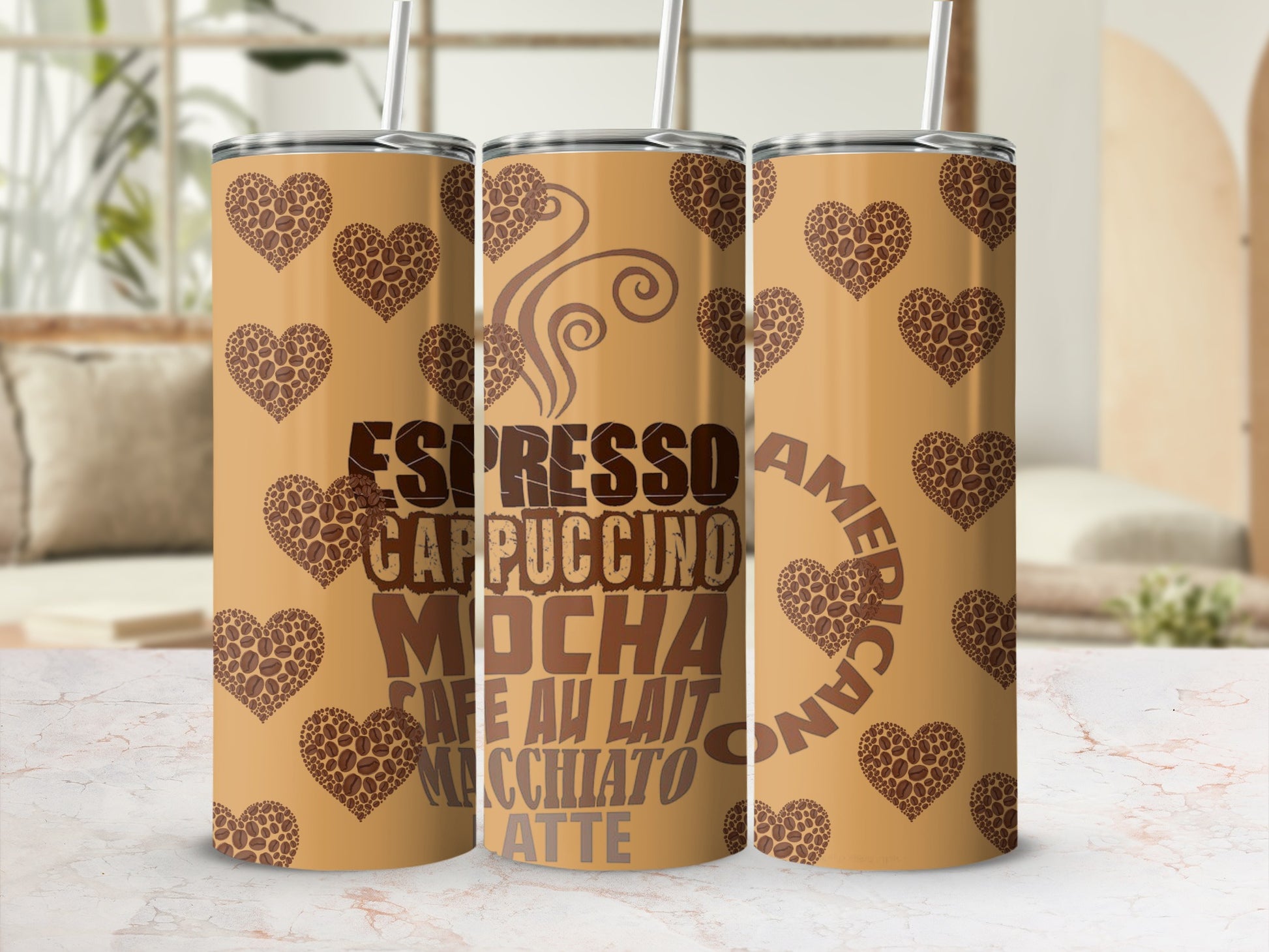Coffee Lover Heart Pattern Travel Tumbler