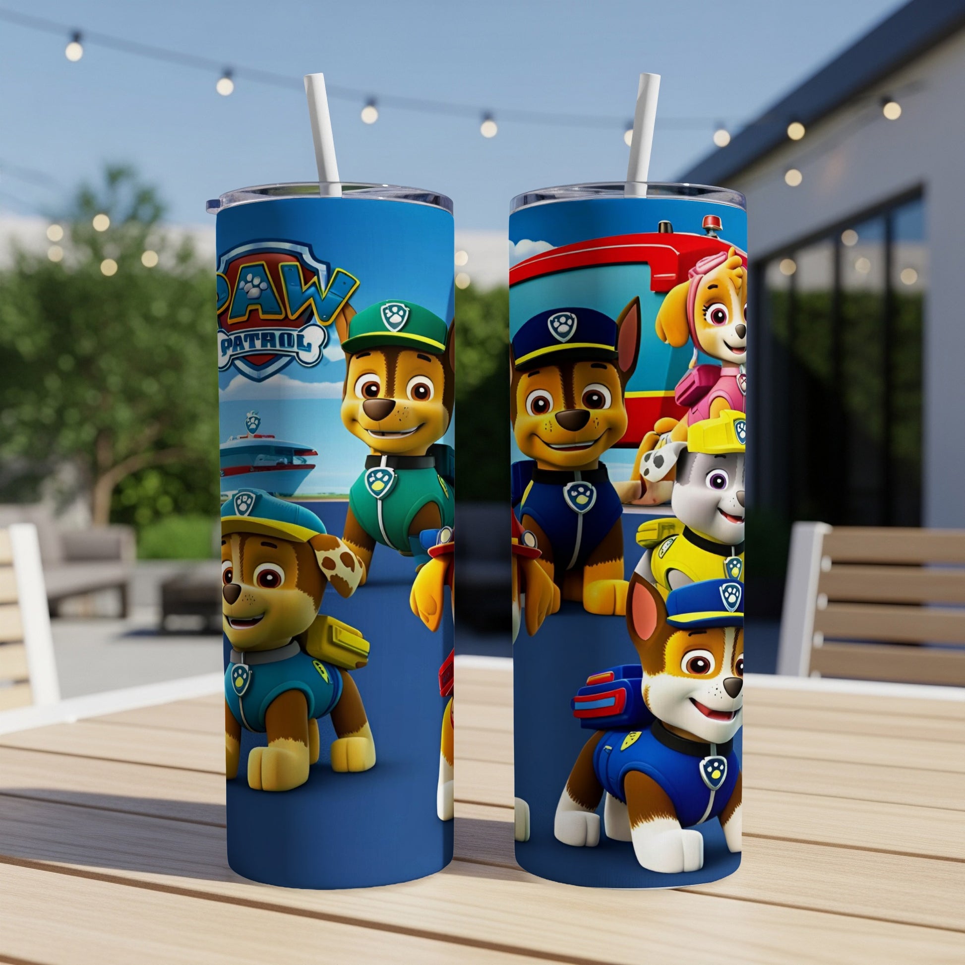 Paw Patrol characters Chase, Marshall, and Ryder on blue tumblers with straw.