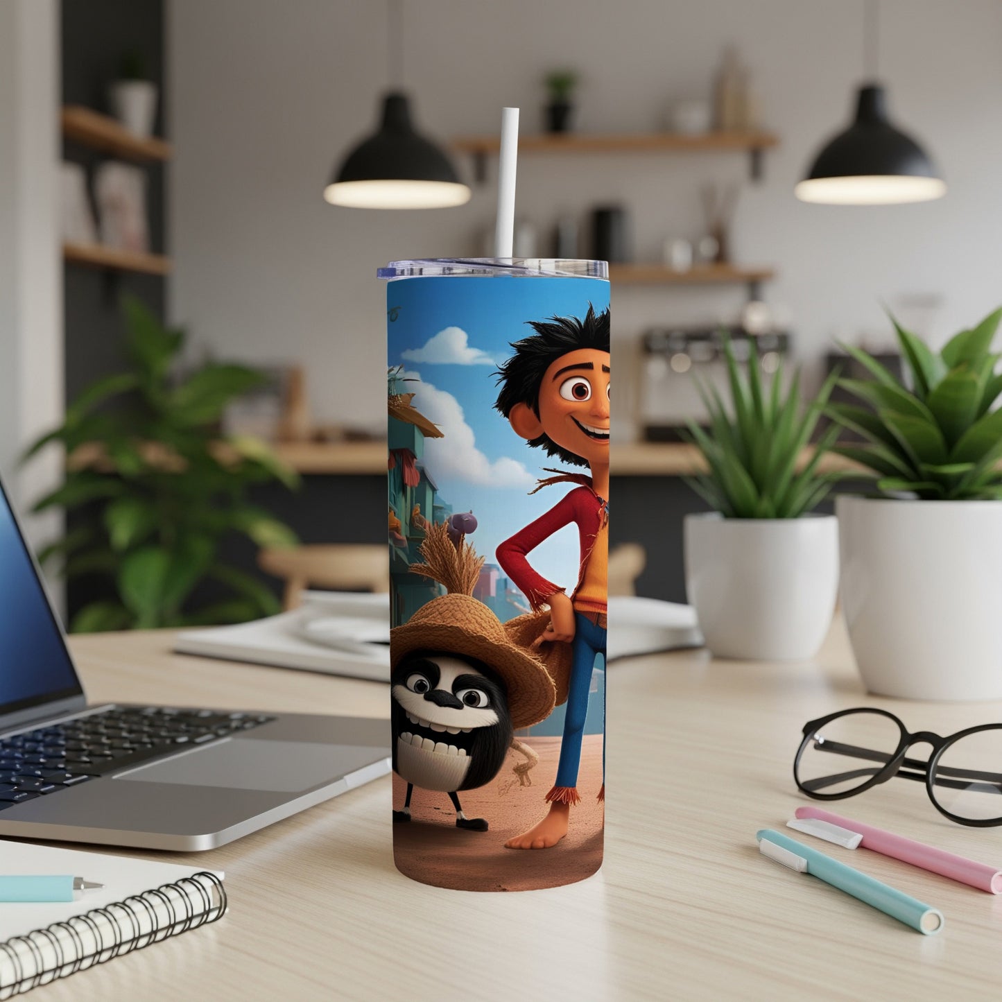 Animated characters, a boy and a bird, on a blue tumbler with straw.