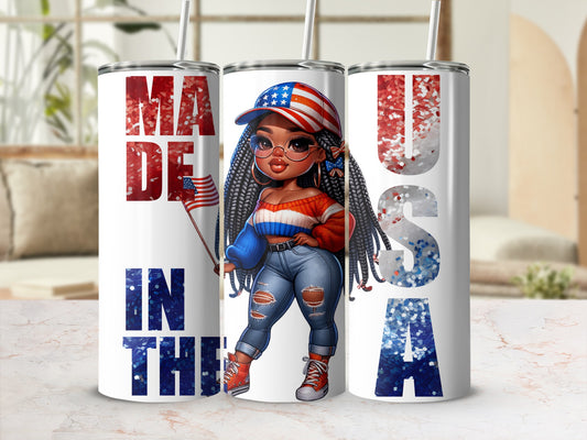Girl in jeans and sweater holds flag, "Made in the USA" text, patriotic glitter design.