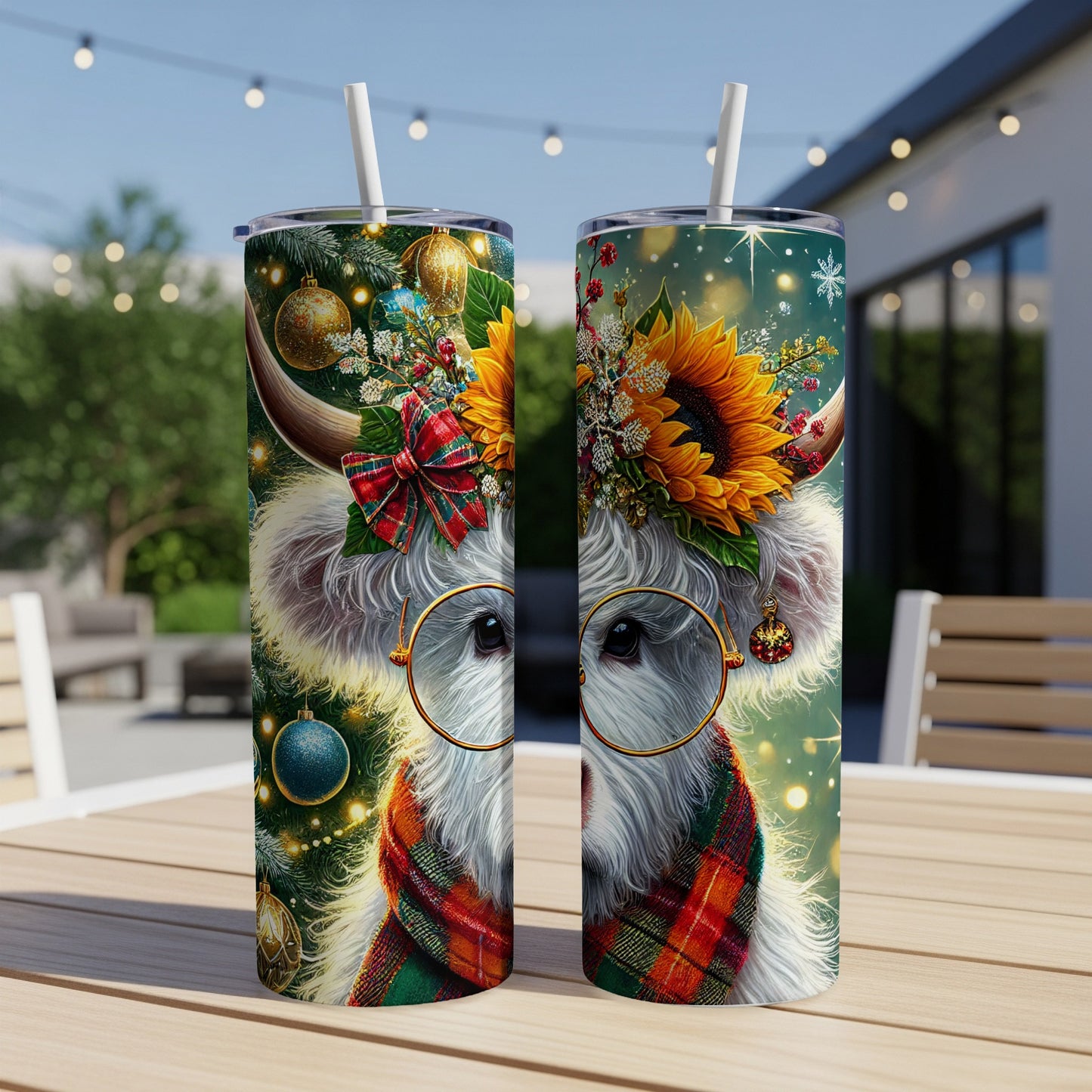 Two tumblers featuring a fluffy white cow wearing glasses and a scarf.