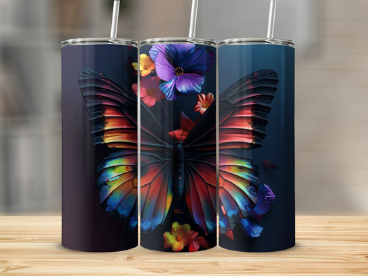 Three tumblers featuring a colorful butterfly and floral design.