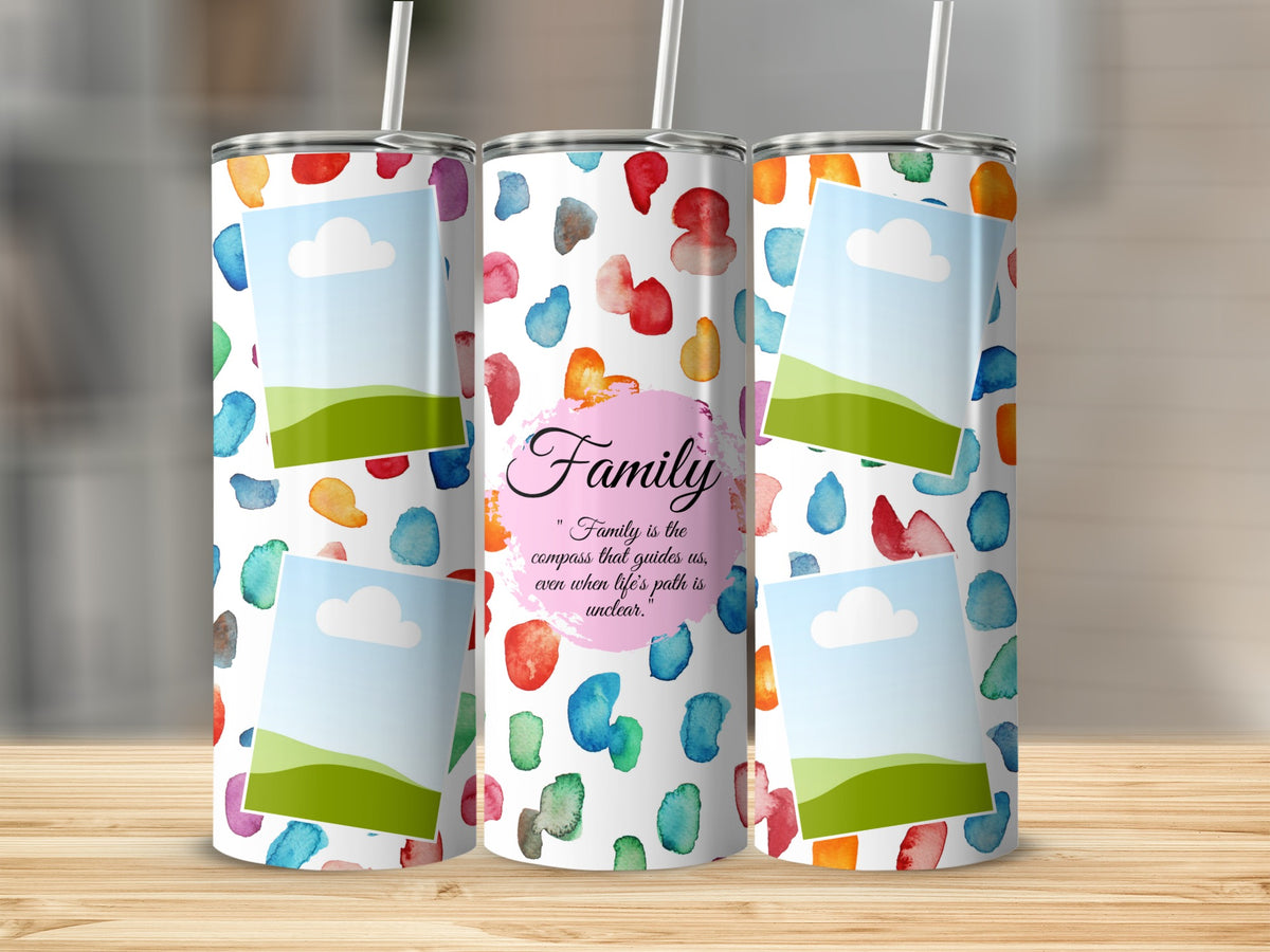 Tumblers with watercolor blobs and photo placeholders, featuring the text "Family".
