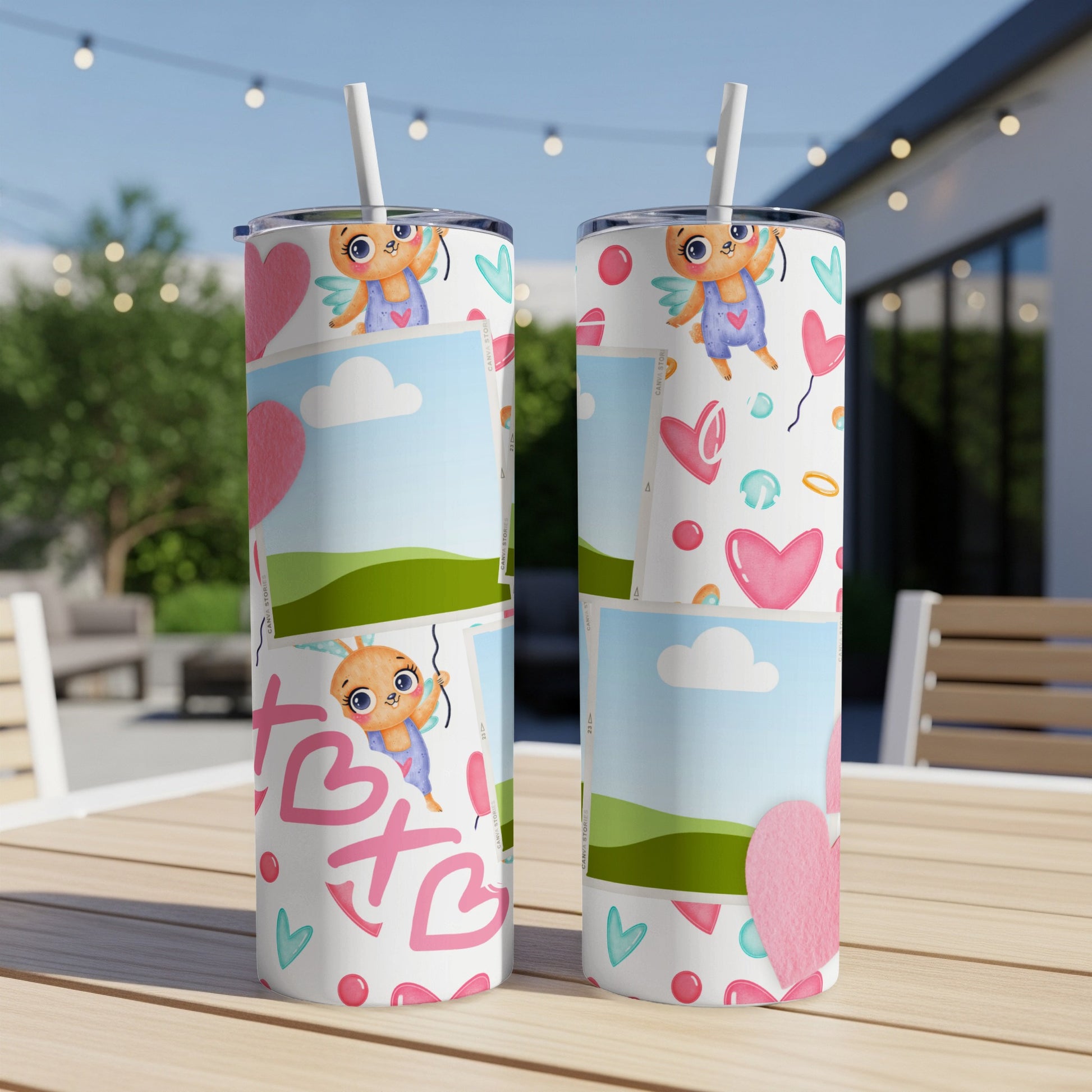 Two tumblers with a cute cupid bunny, hearts, and photo frames design.