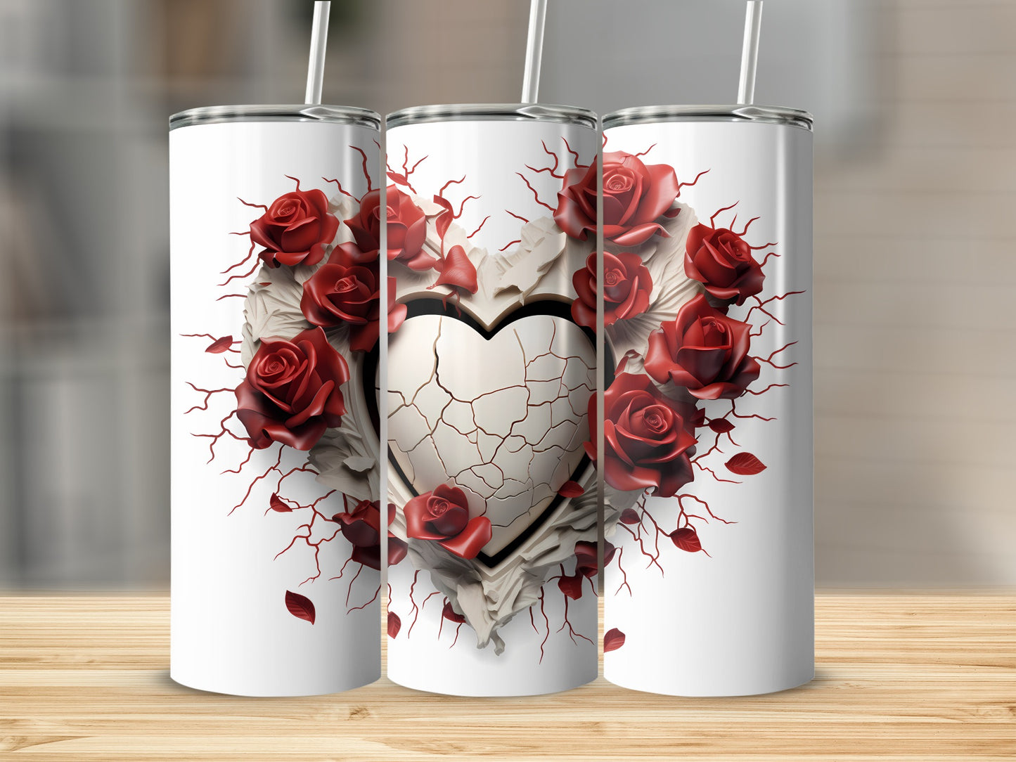 Red Rose Heart Design Tall Tumbler with Straw