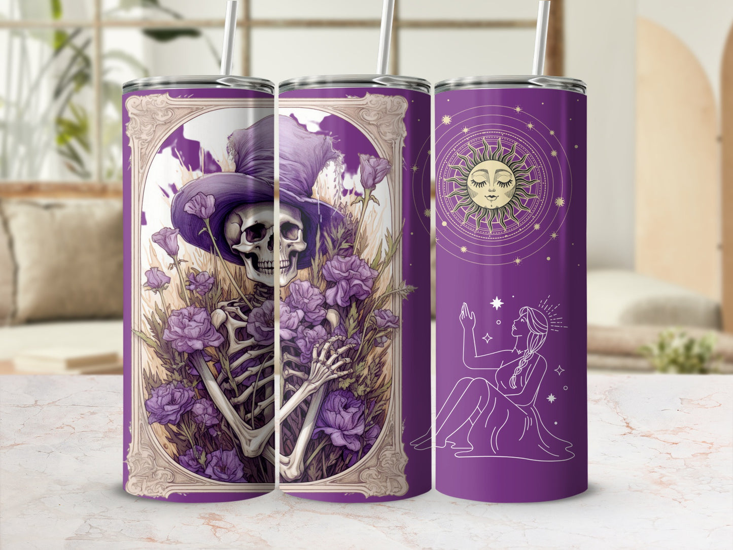 Purple Aesthetic Skeleton and Sun Themed Tumbler Product