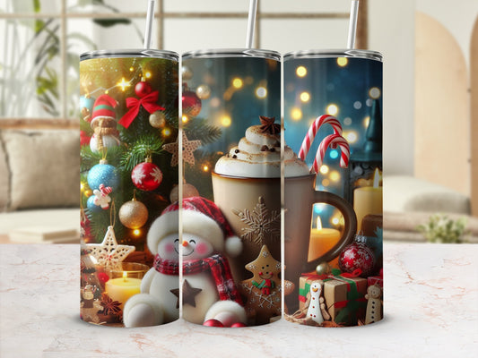 Festive Christmas Themed Tumbler with Straws Holiday Decor