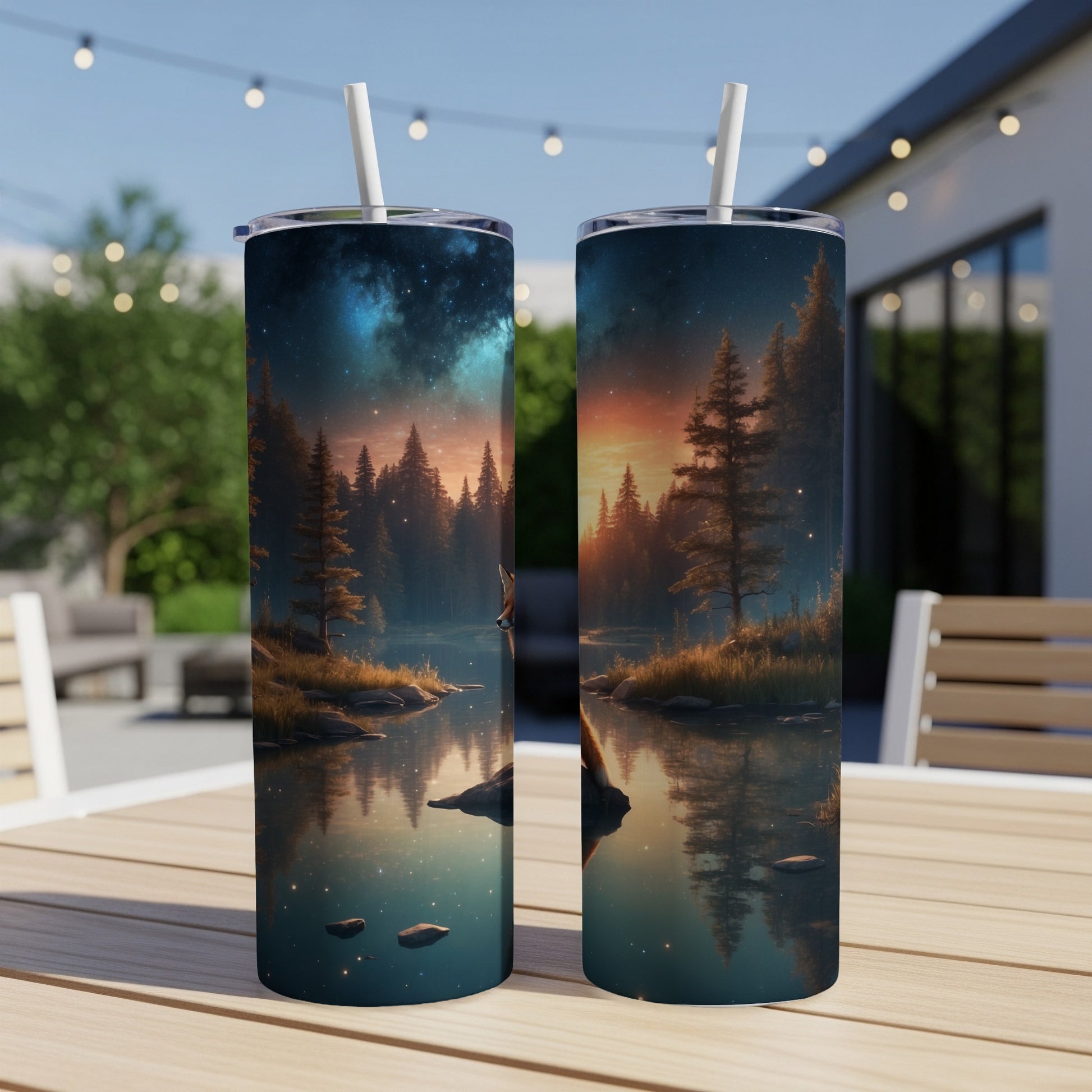 Two tumblers featuring a serene forest landscape with a starry night sky.