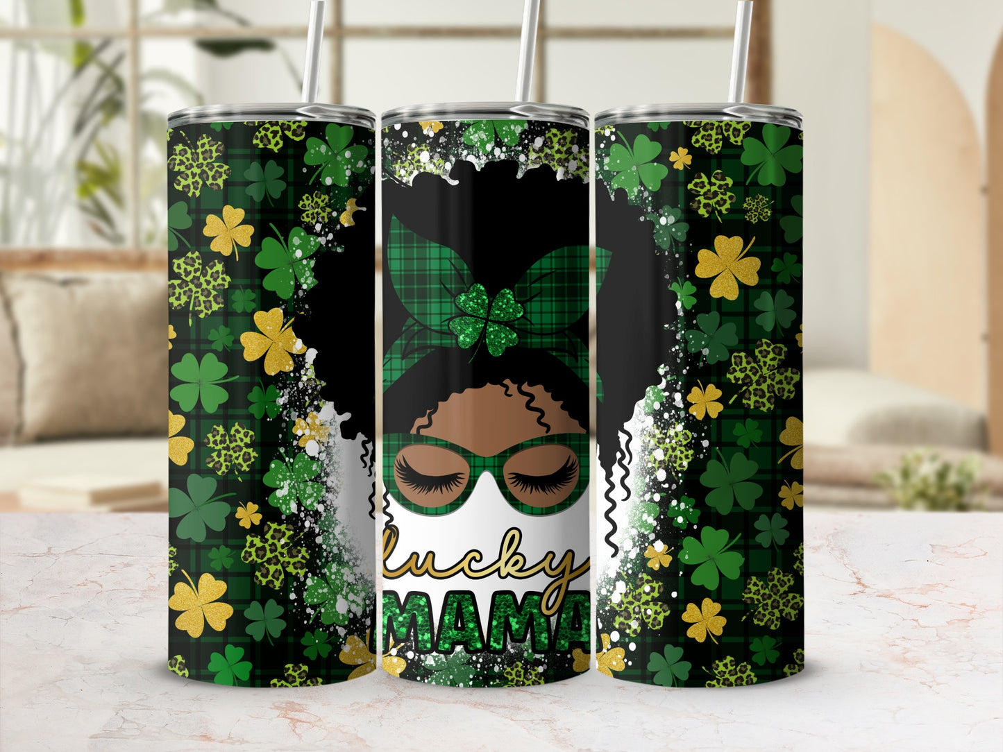 Green lucky clover tumbler with "Lucky Mama" text.