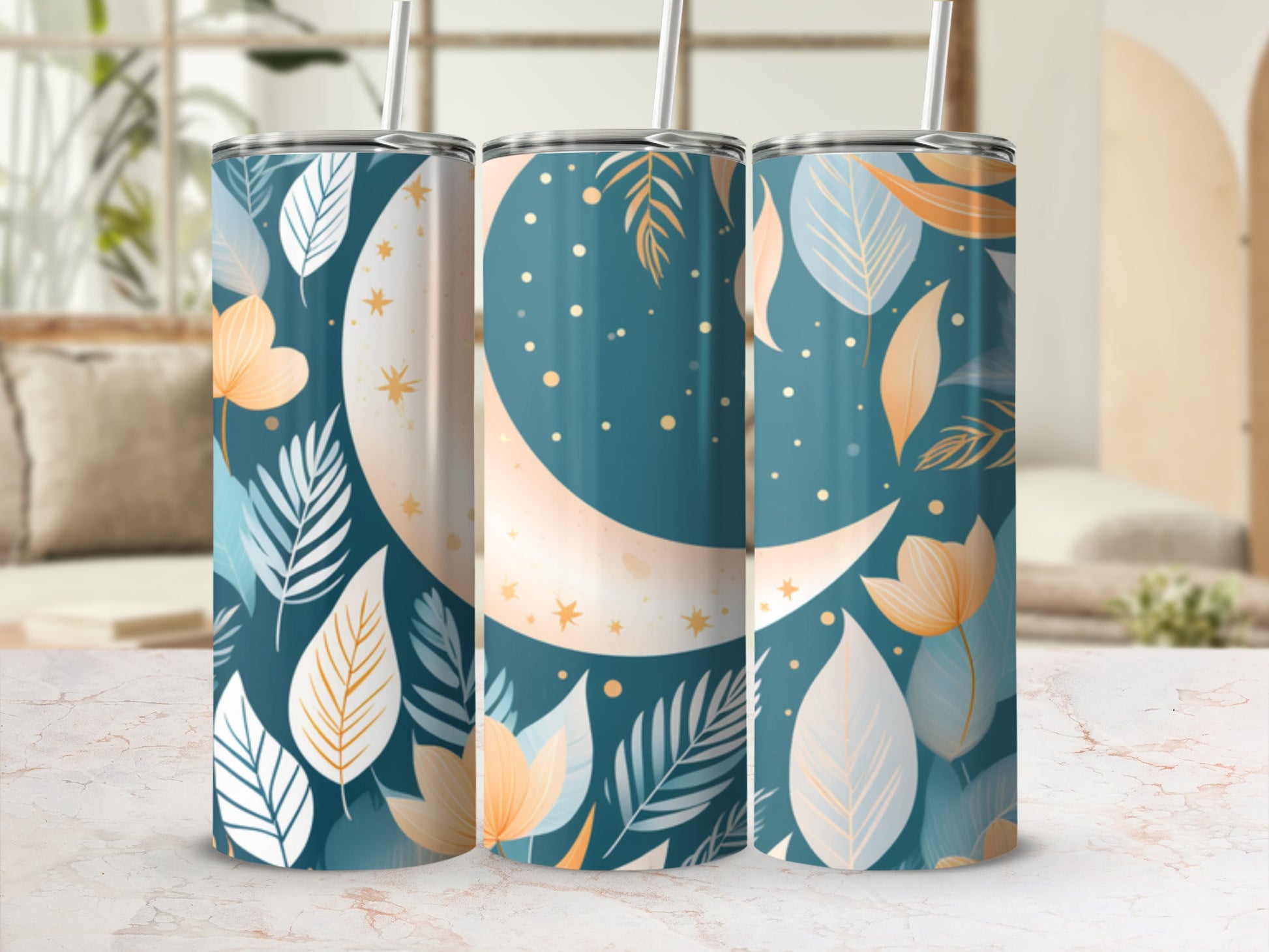 Tall tumbler with crescent moon and botanical leaf pattern.