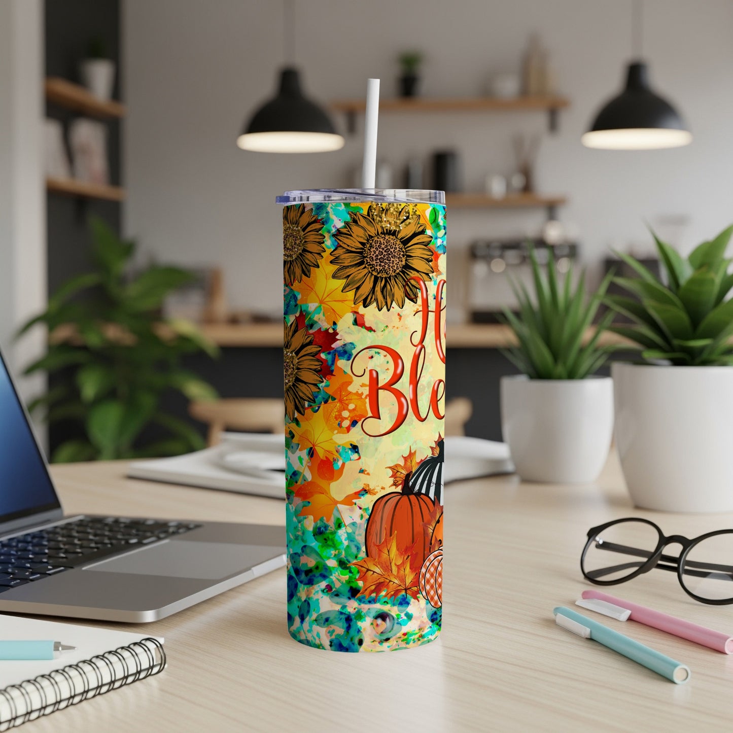 Tall tumbler with autumn leaves, sunflowers, pumpkins, and "Fall Blessings" text.