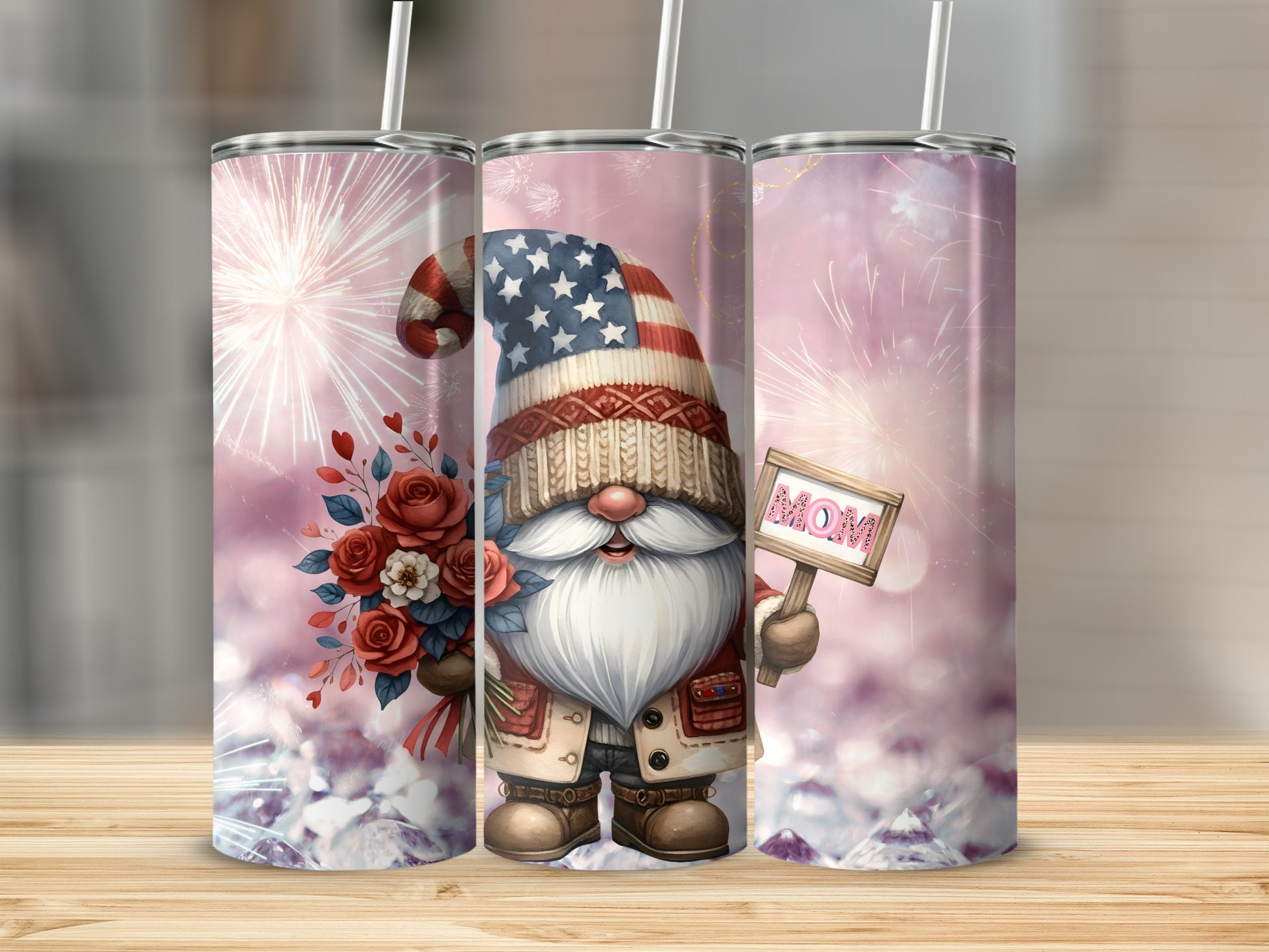 Gnome With American Flag Hat And Mom Sign Tumbler