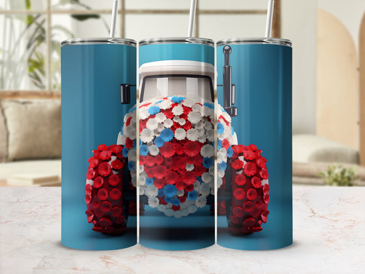 Front view of a white tractor adorned with red, white, and blue flowers.