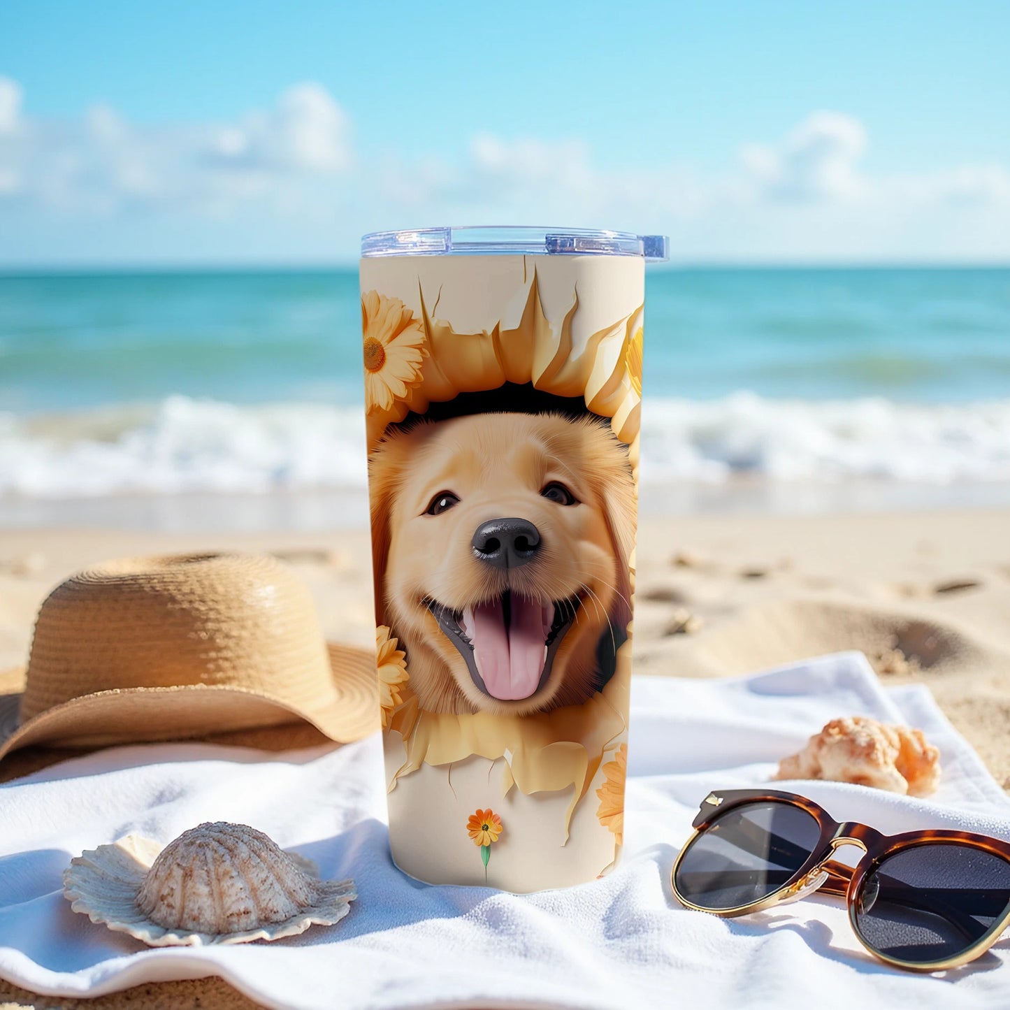 Smiling Golden Pup Sunflower Beach Scene Tumbler product type
Golden Retriever
Puppy
Dog Lover
Beach
Summer
Ocean
Tumbler
Drinkware
Flower Design
Sunflower
Happy Dog
Cute Animal
Pet
Vacation
Travel
Sunny Day
Outdoors
Gift Idea
Golden Puppy
Tropical Vibe