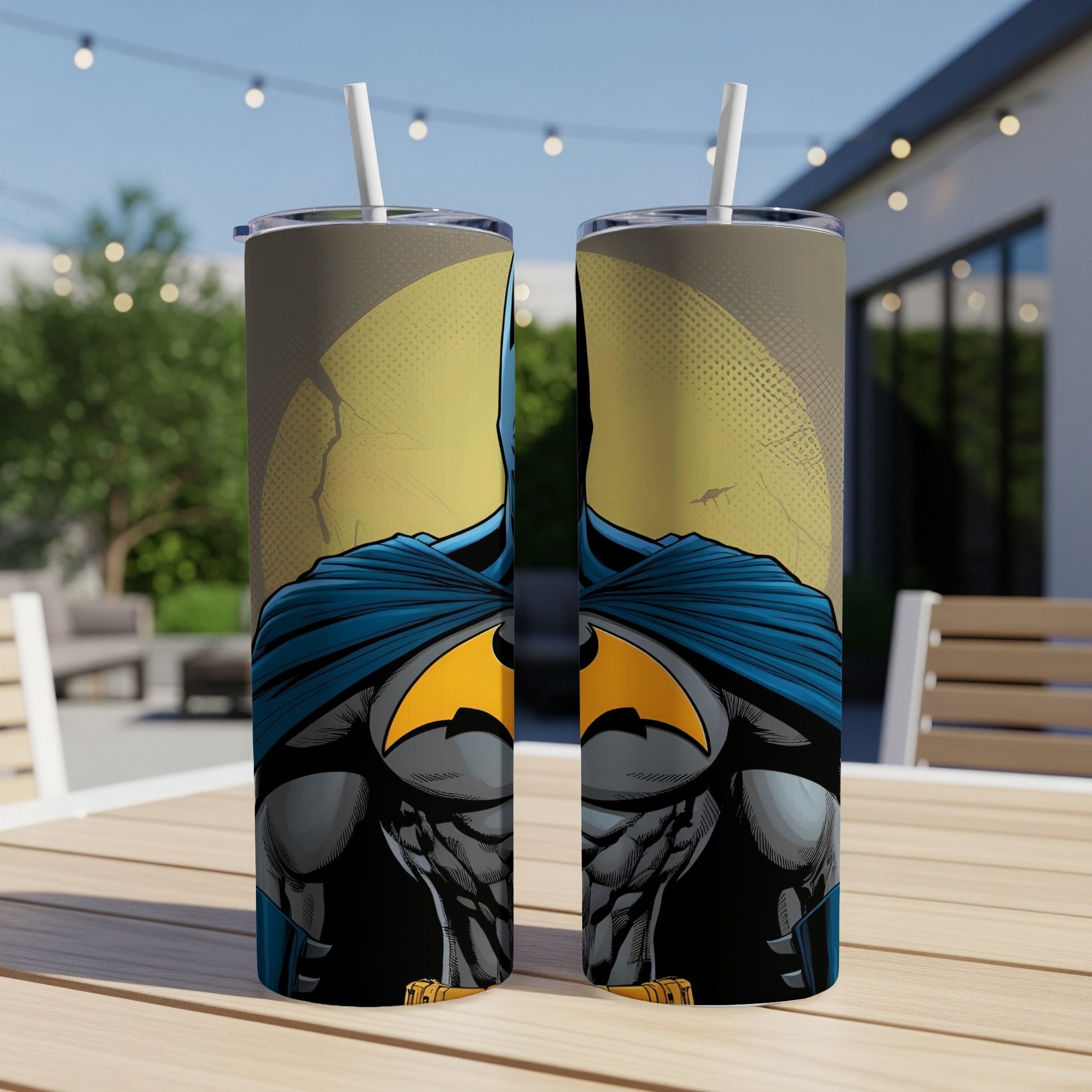 Batman torso illustration on a tall, slim tumbler with a straw.